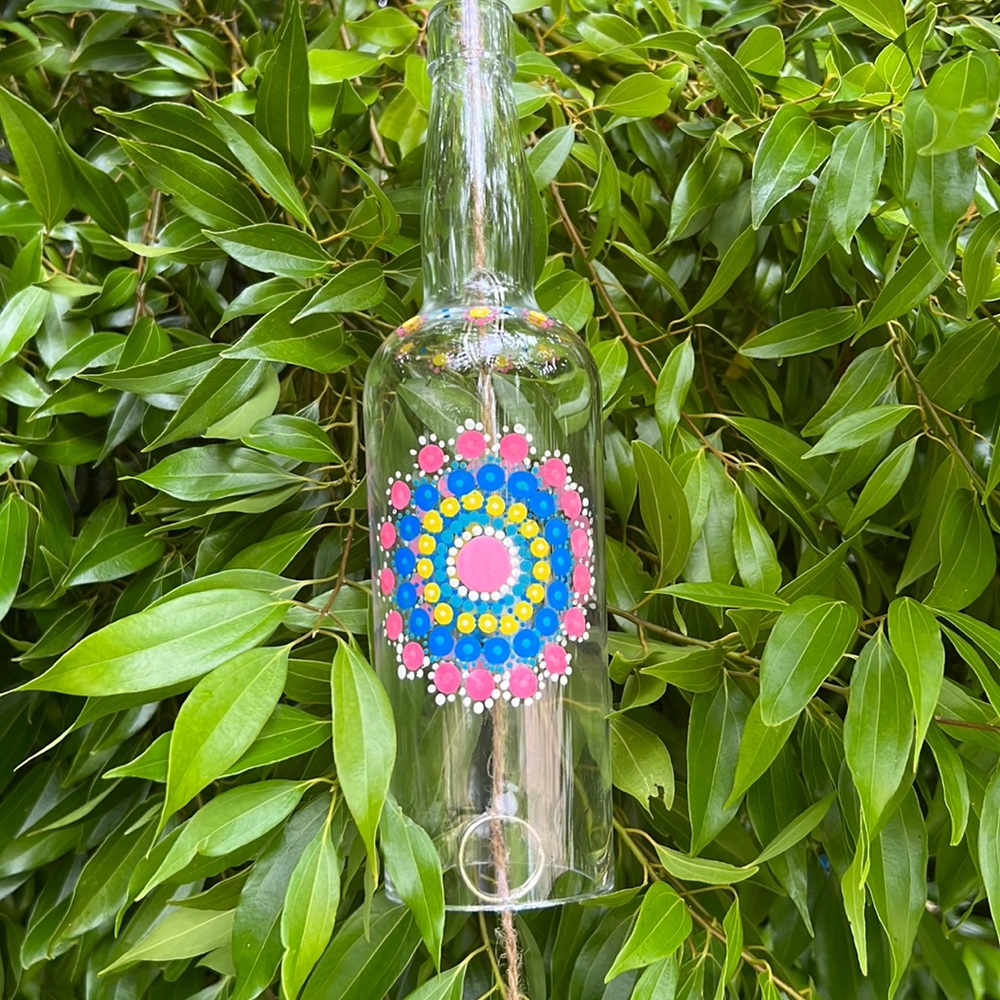 DIY Large Mandala painted Wine Bottle Wind Chime yard art